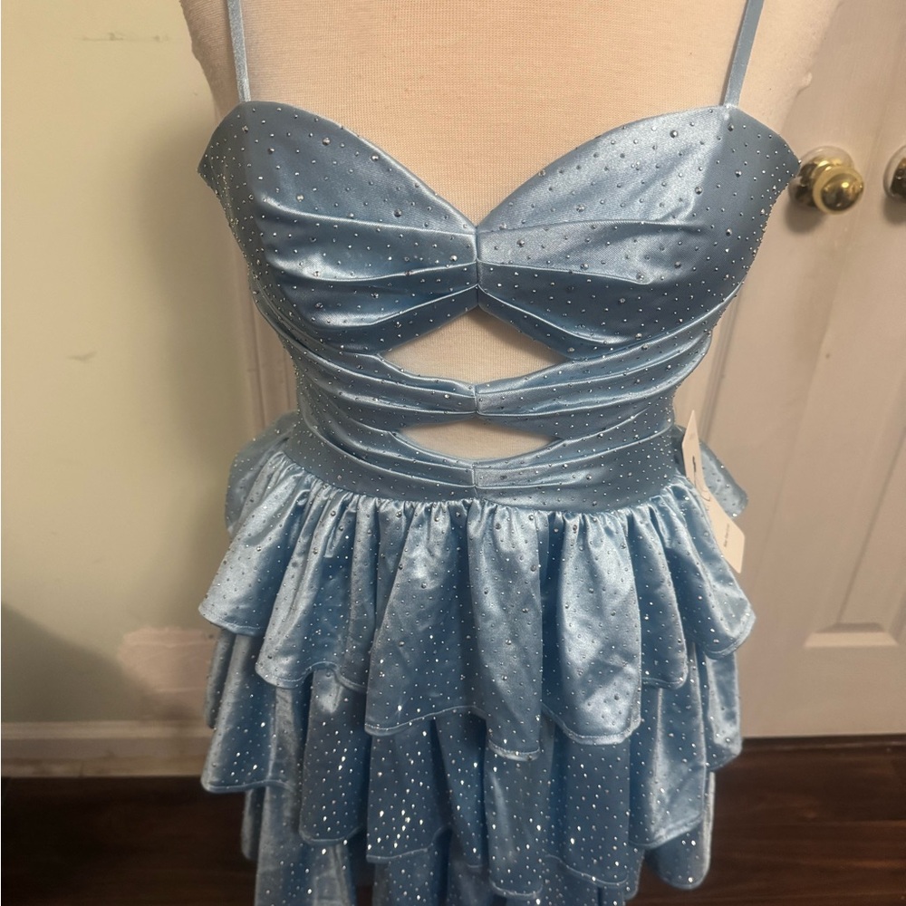 Blue Ruffled Cutout Dress